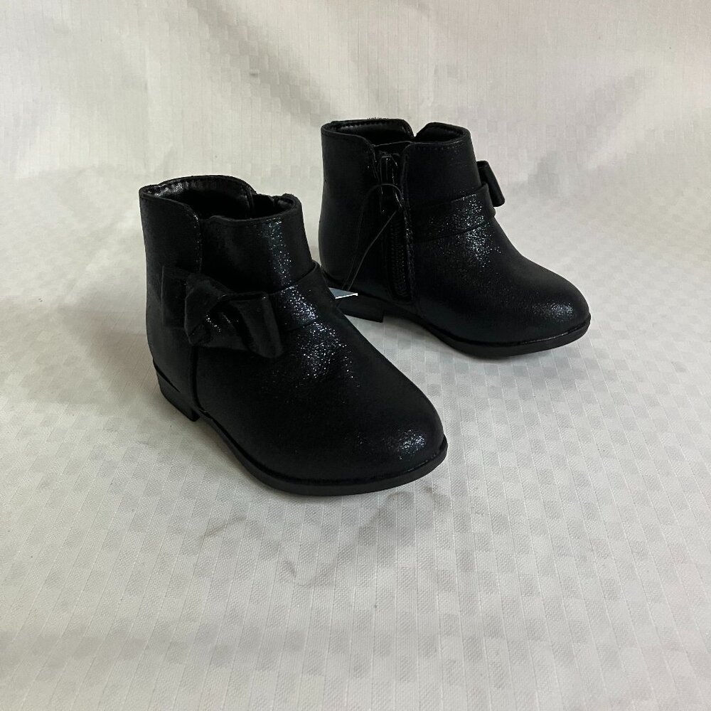Cat & Jack Girl Toddler 5 Black Sammi Shimmer Boot Leather Bow-Detailed Side Zip